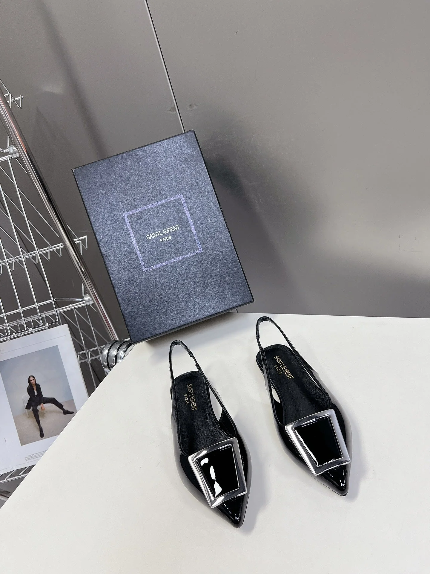 SL SQUARE BUCKLE SLINGBACK BLACK POLISHED CALFSKIN
