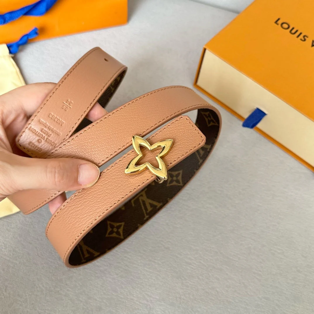 LV Flowergram 30mm Reversible Belt Gold Buckle Beige Brown Leather