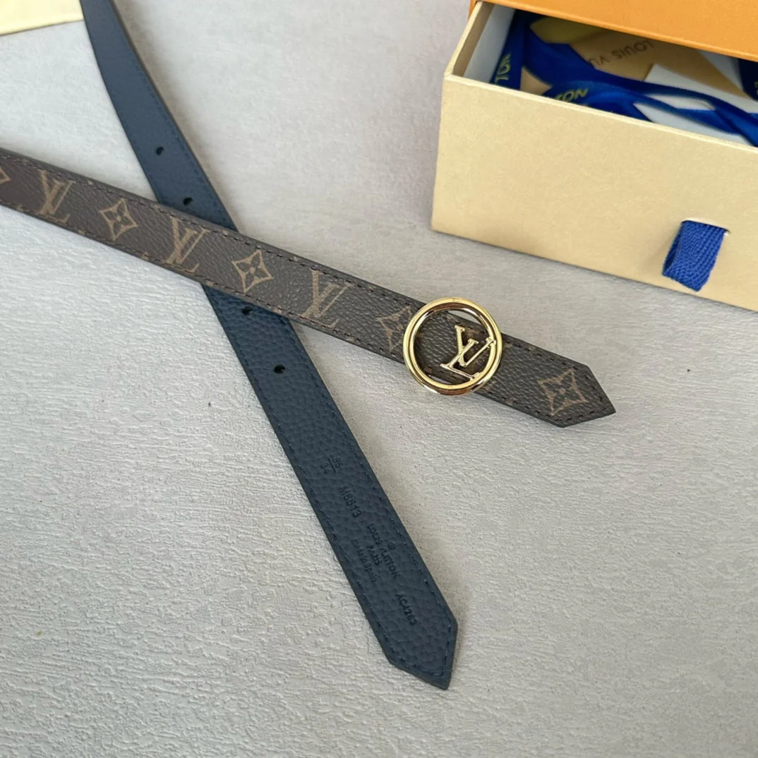 LV Circle 20mm Reversible Belt Gold Buckle Navy Blue Brown Leather