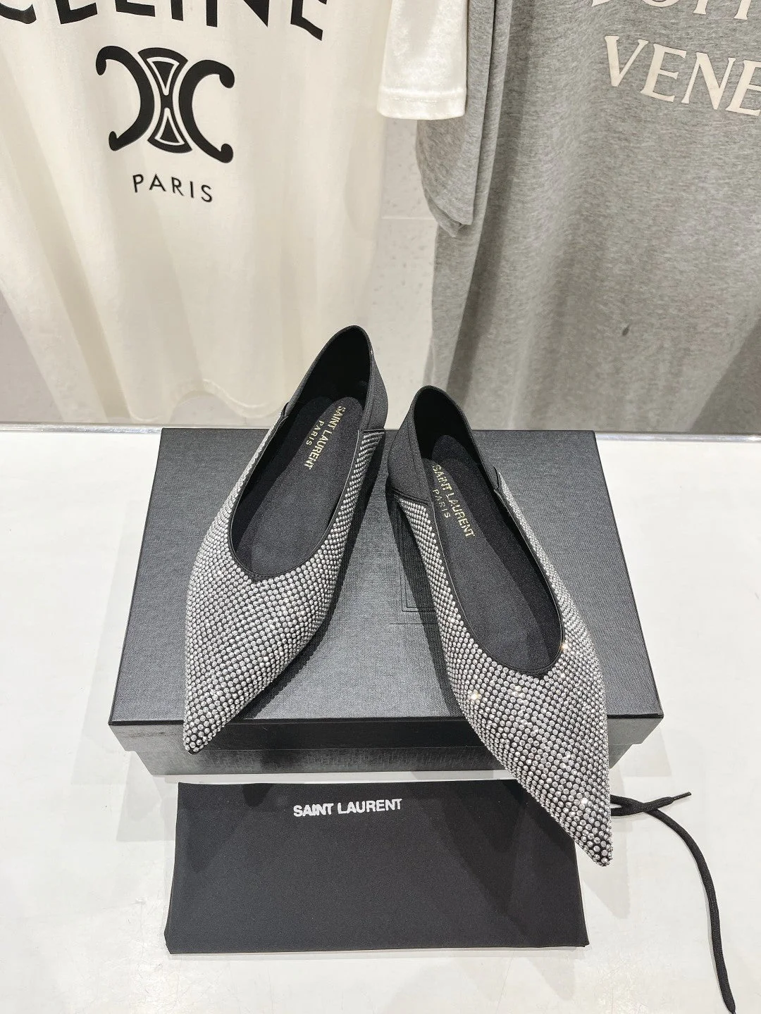 SL NOUR LEOPARD POINT TOE BALLET BLACK CRYSTAL SATIN