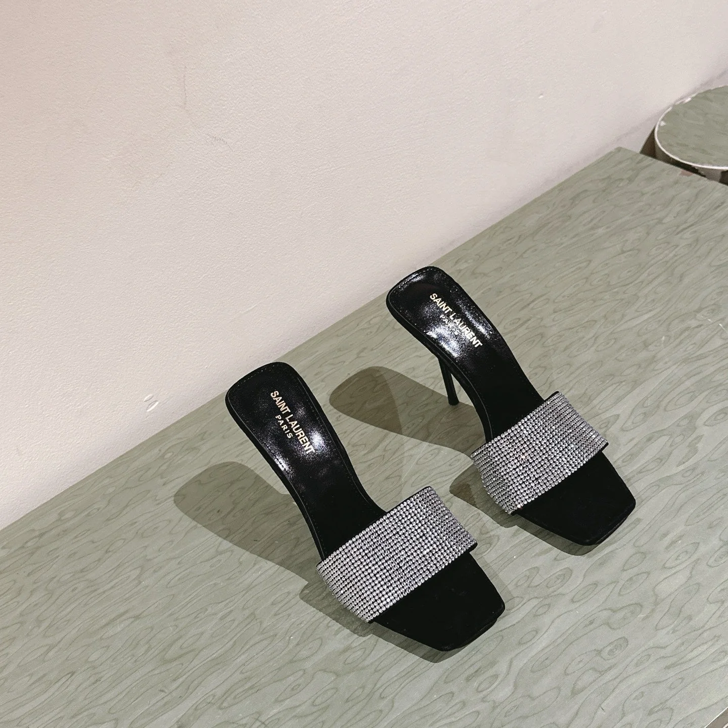 YSL 25S HEELED SANDALS 100 MM IN BLACK LAMBSKIN WITH WHITE RHINESTONE-EMBELLISHED STRAP