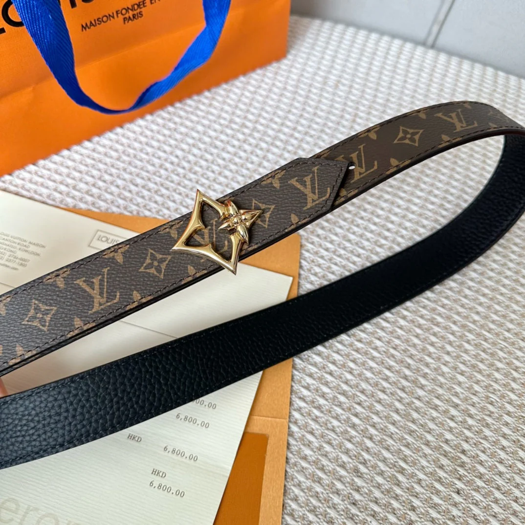 LV FLOWERGRAM 30MM REVERSIBLE BELT IN BLACK CALFSKIN GOLD HARDWARE