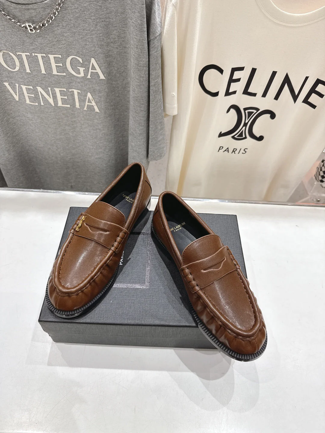 YSL 25S LOAFERS IN COFFEE BROWN LAMBSKIN WITH GOLD HARDWARE
