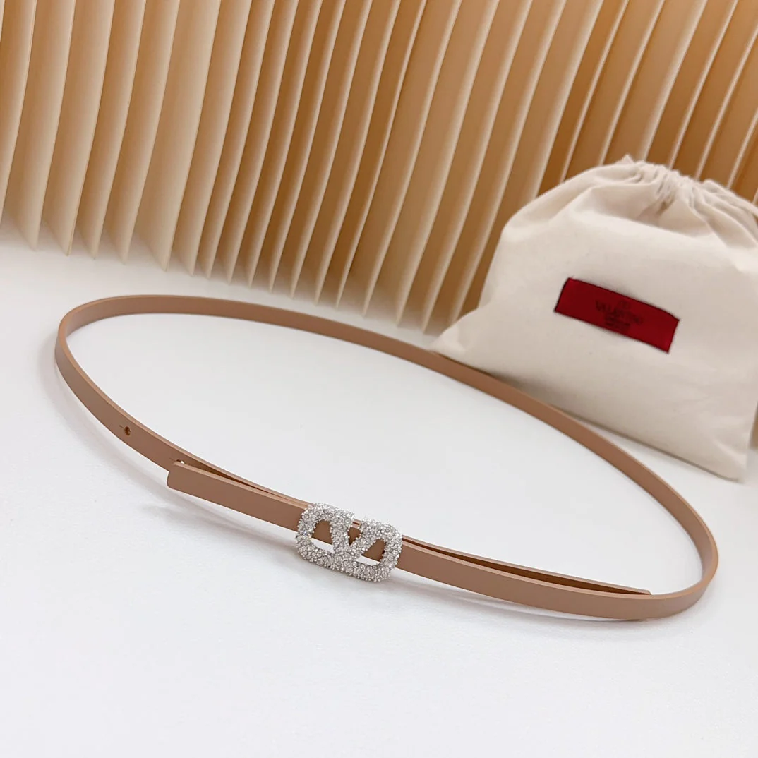 VL Belt 8mm Buckle Silver Diamond Leather Beige