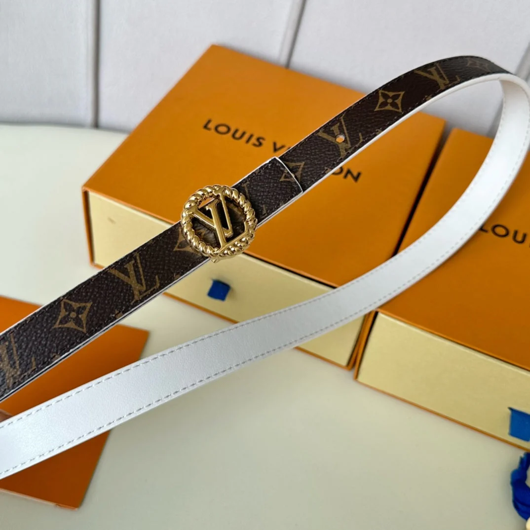 LV Circle Nautical 20mm Reversible Belt Gold Buckle White Brown Lambskin
