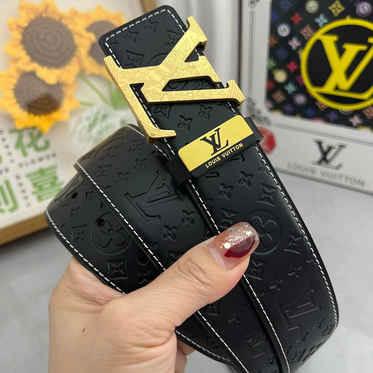 LV 25S BELT 38 MM IN BLACK CALFSKIN STAMP LOGO 593293