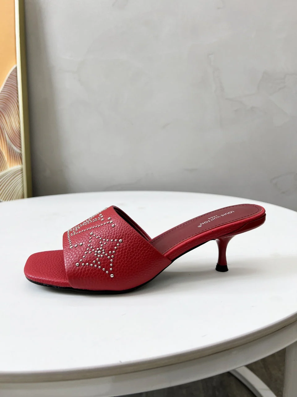 HIGH MULE IN RUBY RED LAMBSKIN WITH RHINSTONES 55 MM