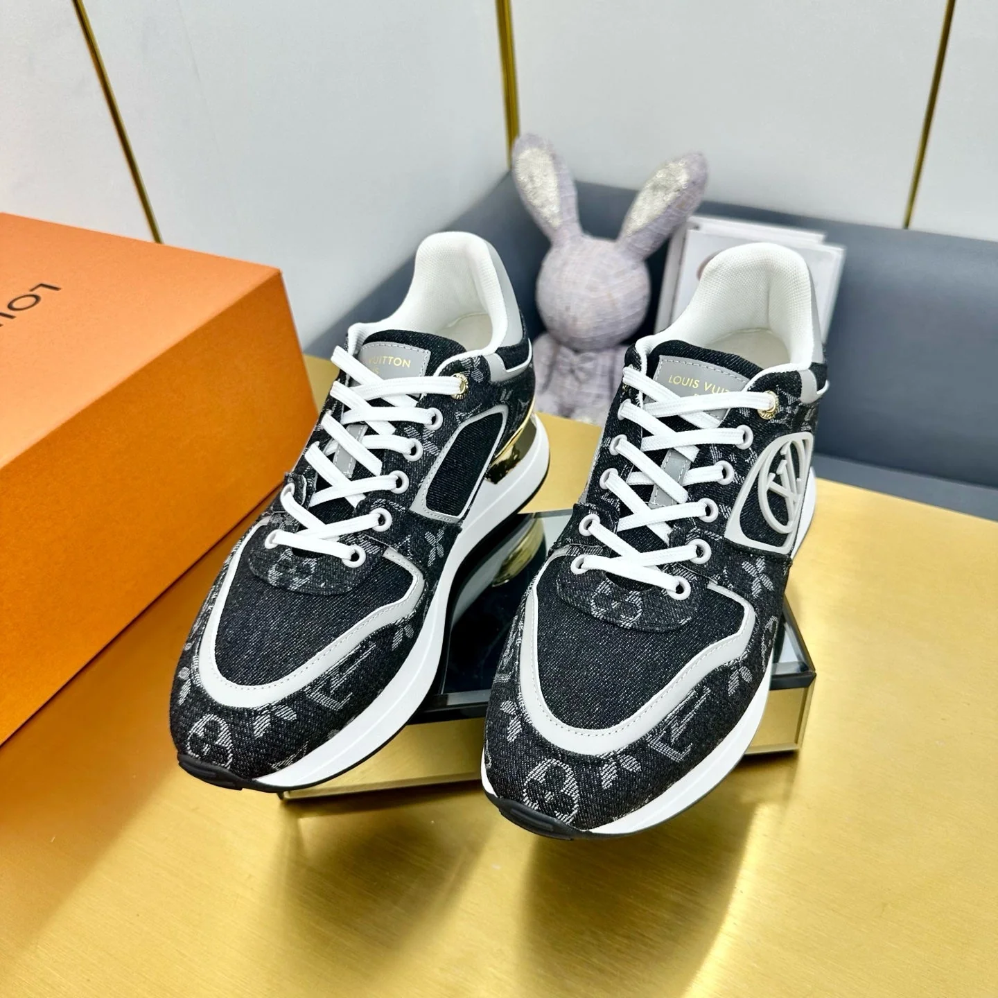 NEO RUN AWAY SNEAKER IN BLACK MONOGRAM DENIM FABRIC