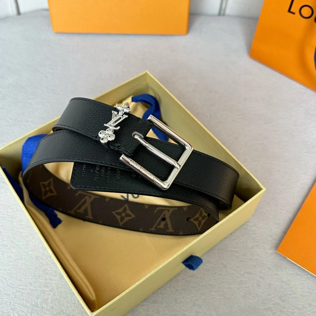 LV Bloom 30mm Belt Silver Buckle Black Brown Leather
