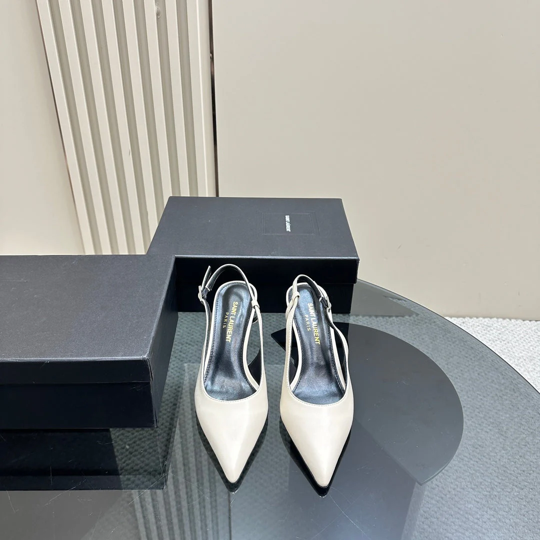 SL TRAPEZE HEEL SLINGBACK PUMP WHITE CALFSKIN