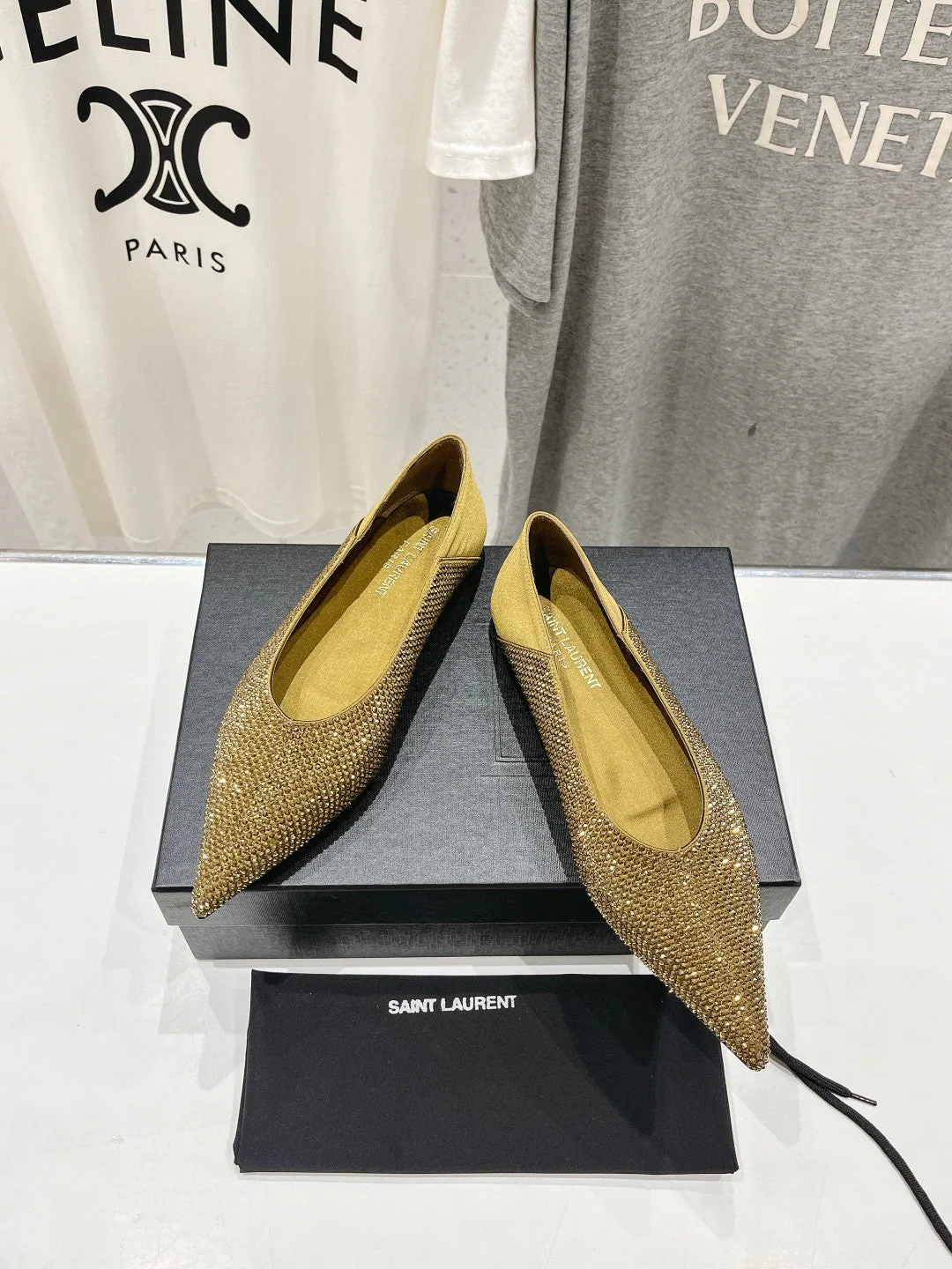 SL NOUR LEOPARD POINT TOE BALLET MUSTARD CRYSTAL SATIN