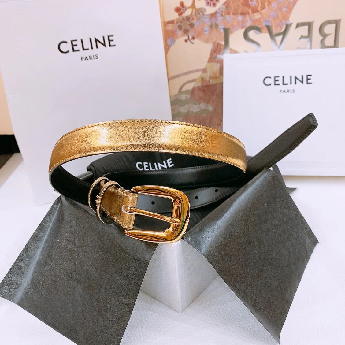 CELINE 25S BELT 25MM WITH ARC DE TRIOMPHE BUCKLE IN GOLD 571497