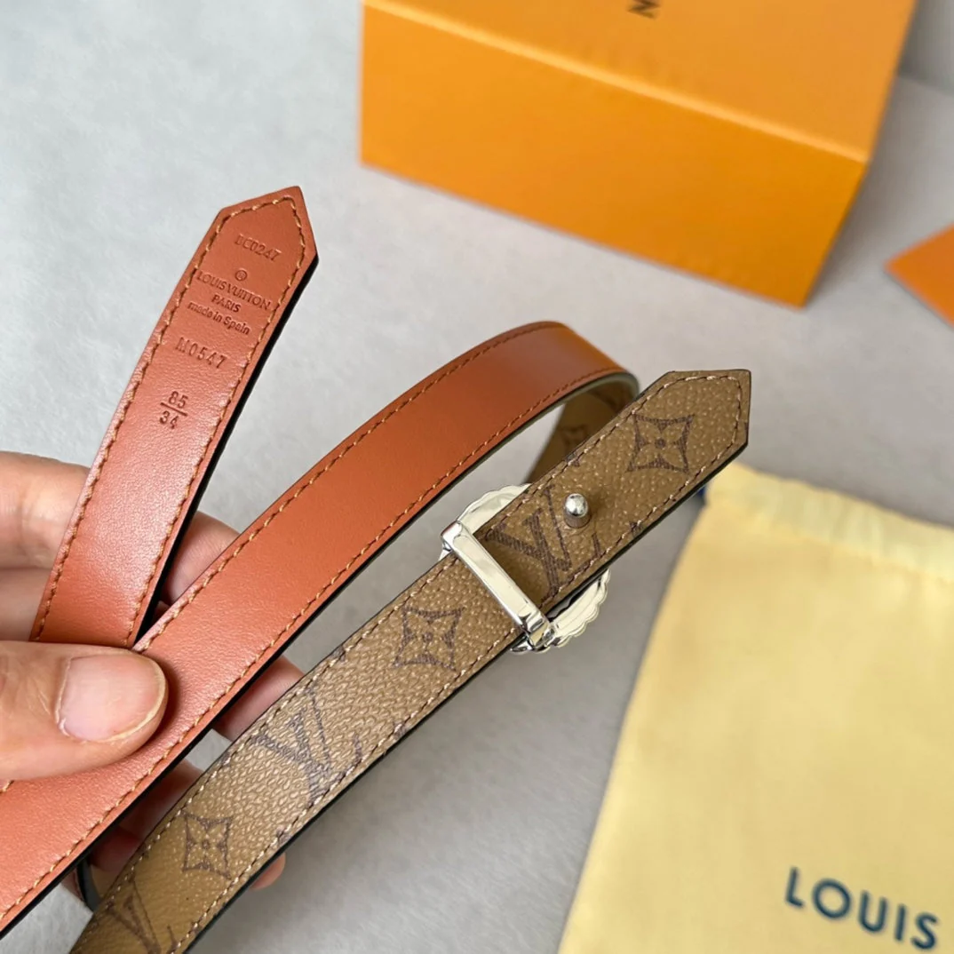 LV Circle Nautical 20mm Reversible Belt Silver Buckle Tan Light Brown Lambskin