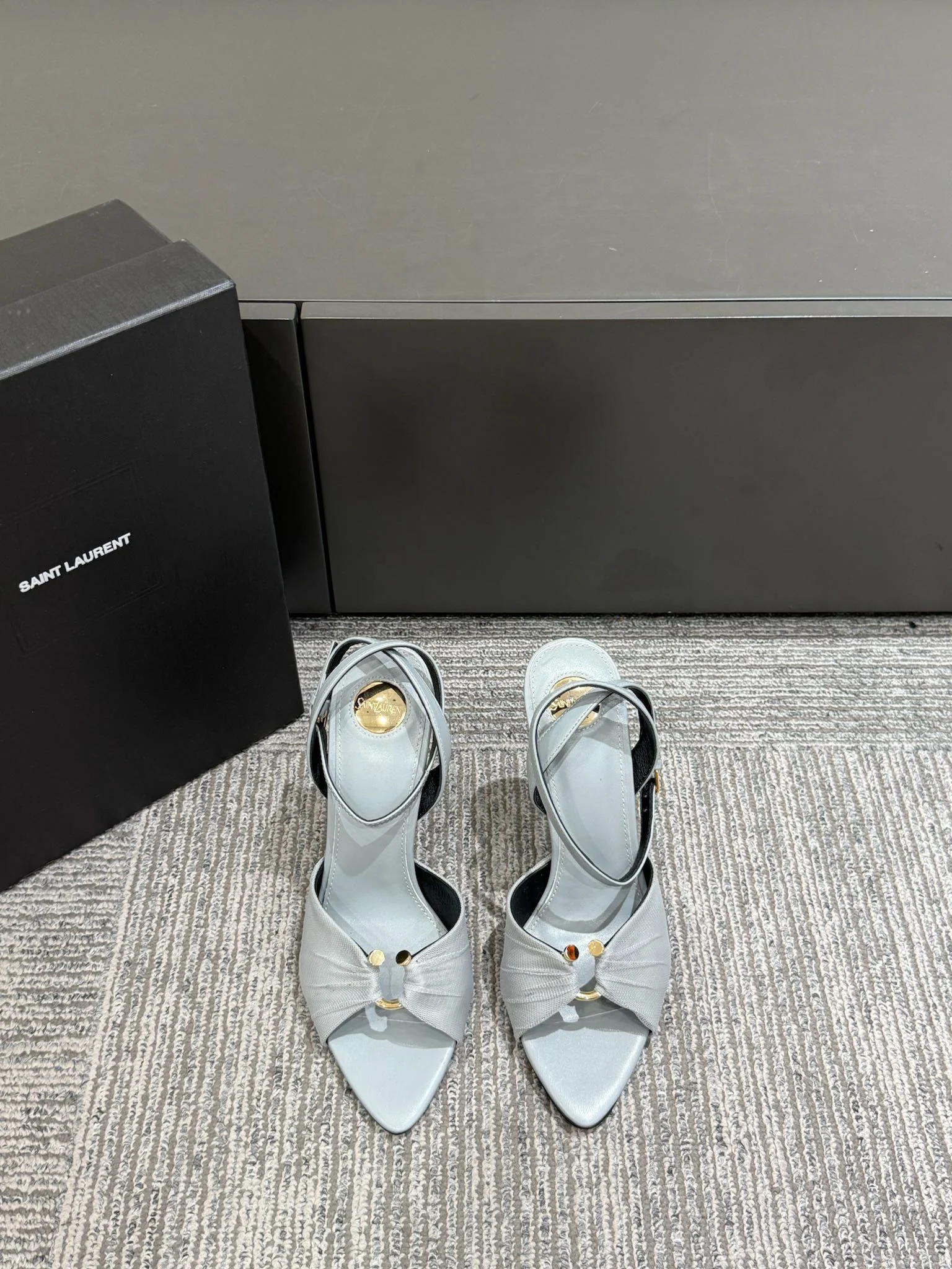 YSL HEELED SANDALS 25S 100 MM IN LIGHT SLATE BLUE LAMBSKIN