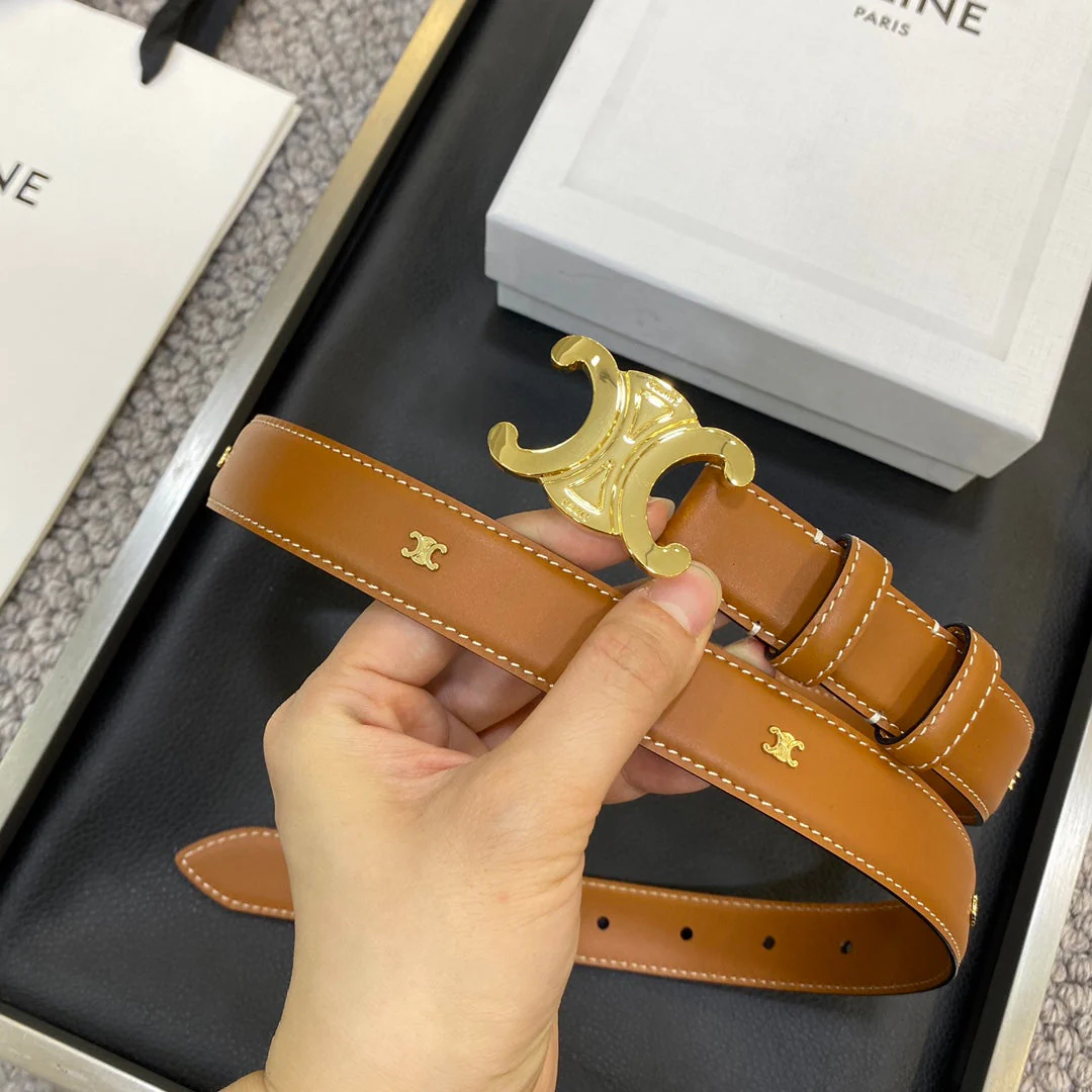 TRIOMPHE BELT 25MM IN BROWN CALFSKIN GOLD BUCKLE GOLD LOGO