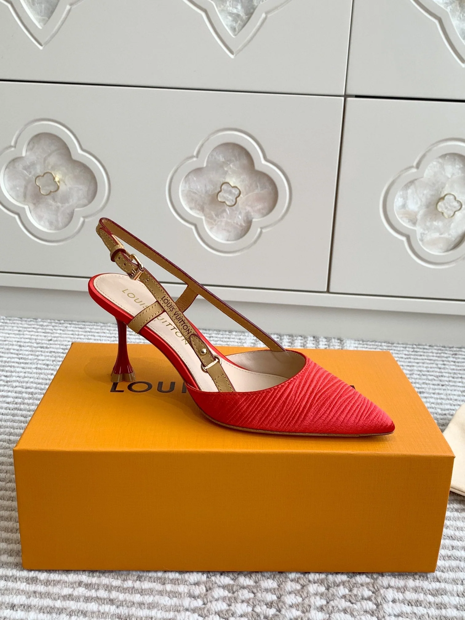 BLOSSOM SLINGBACKS 75 MM IN CHERRY RED IMPORTED STRIPED SILK SATIN