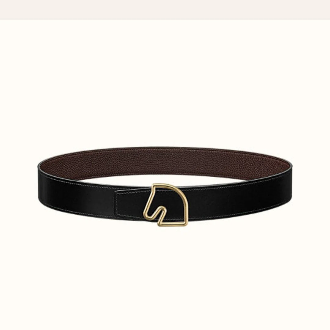 BOUCLE BELT BUCKLE & REVERSIBLE CHOCOLATE BROWN AND BLACK LEATHER STRAP 38MM GOLD HARDWARE