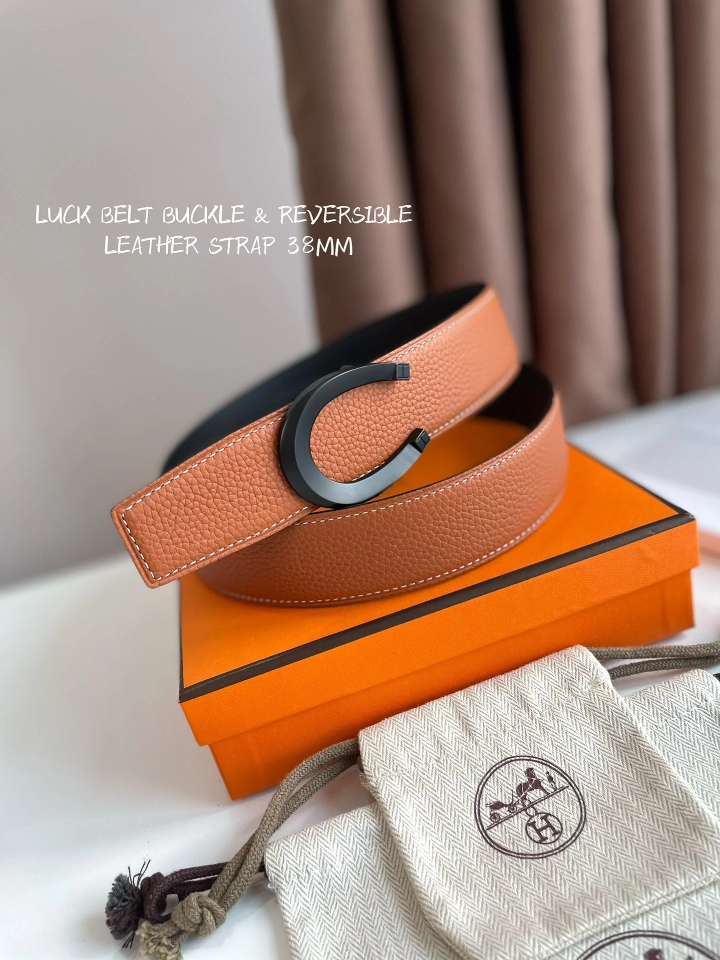 HM LUCK BELT BUCKLE & REVERSIBLE GINGER ORANGE AND BLACK LEATHER STRAP 38MM