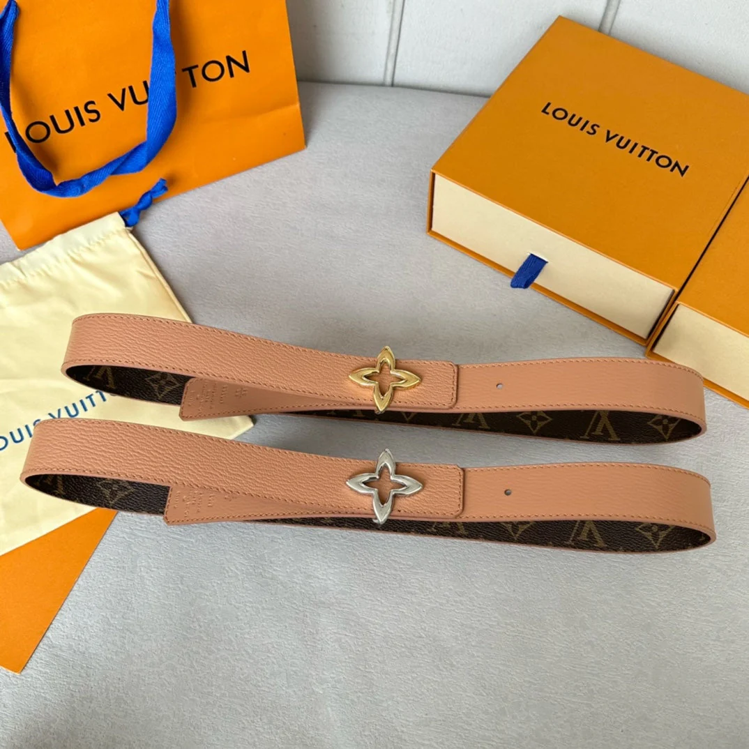 LV Flowergram 30mm Reversible Belt Silver Buckle Beige Brown Leather