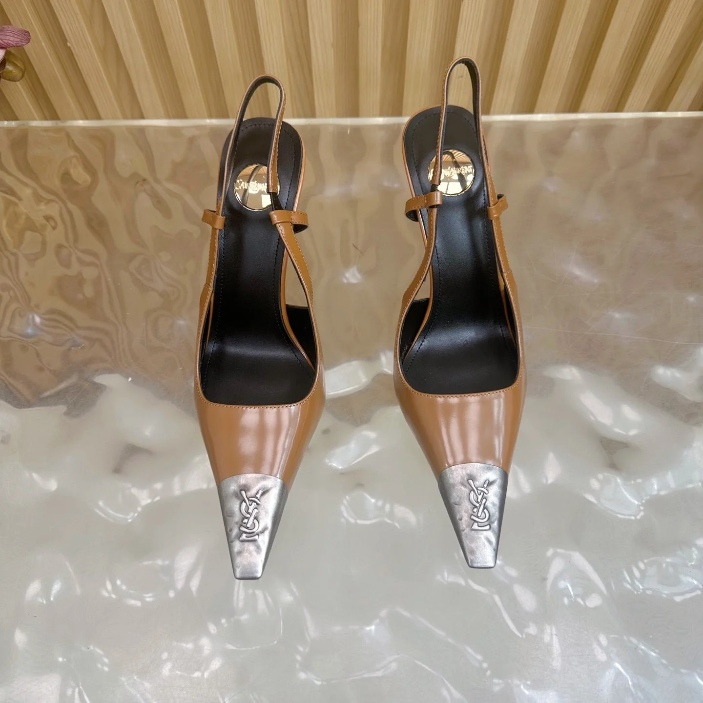 YSL 25S HIGH-HEEL SLINGBACKS 85 MM IN CAMEL BROWN LAMBSKIN AND SILVER HARDWARE