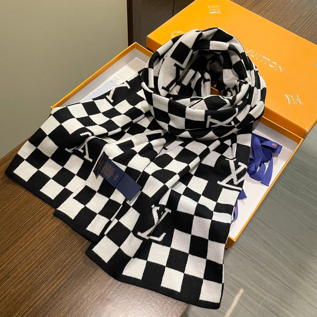 DAMIER SCARF 200 CM IN BLACK MIX WHITE CASHMERE 388193