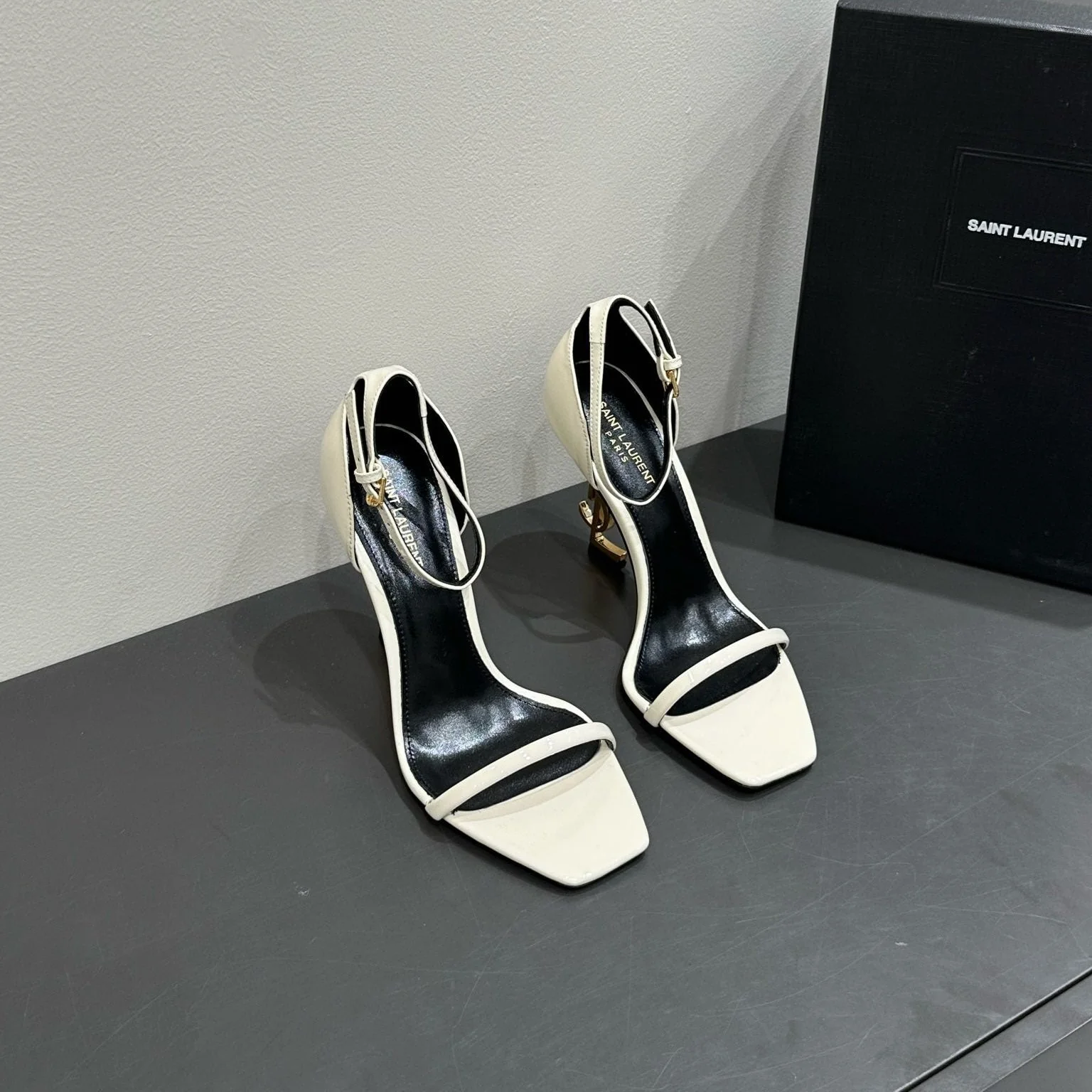 YSL HEELED SANDALS 25S 105 MM IN CREAM WHITE LAMBSKIN