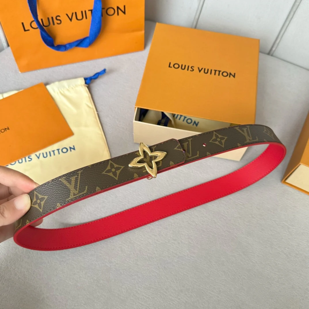 LV Flowergram 30mm Reversible Belt Gold Buckle Red Brown Leather