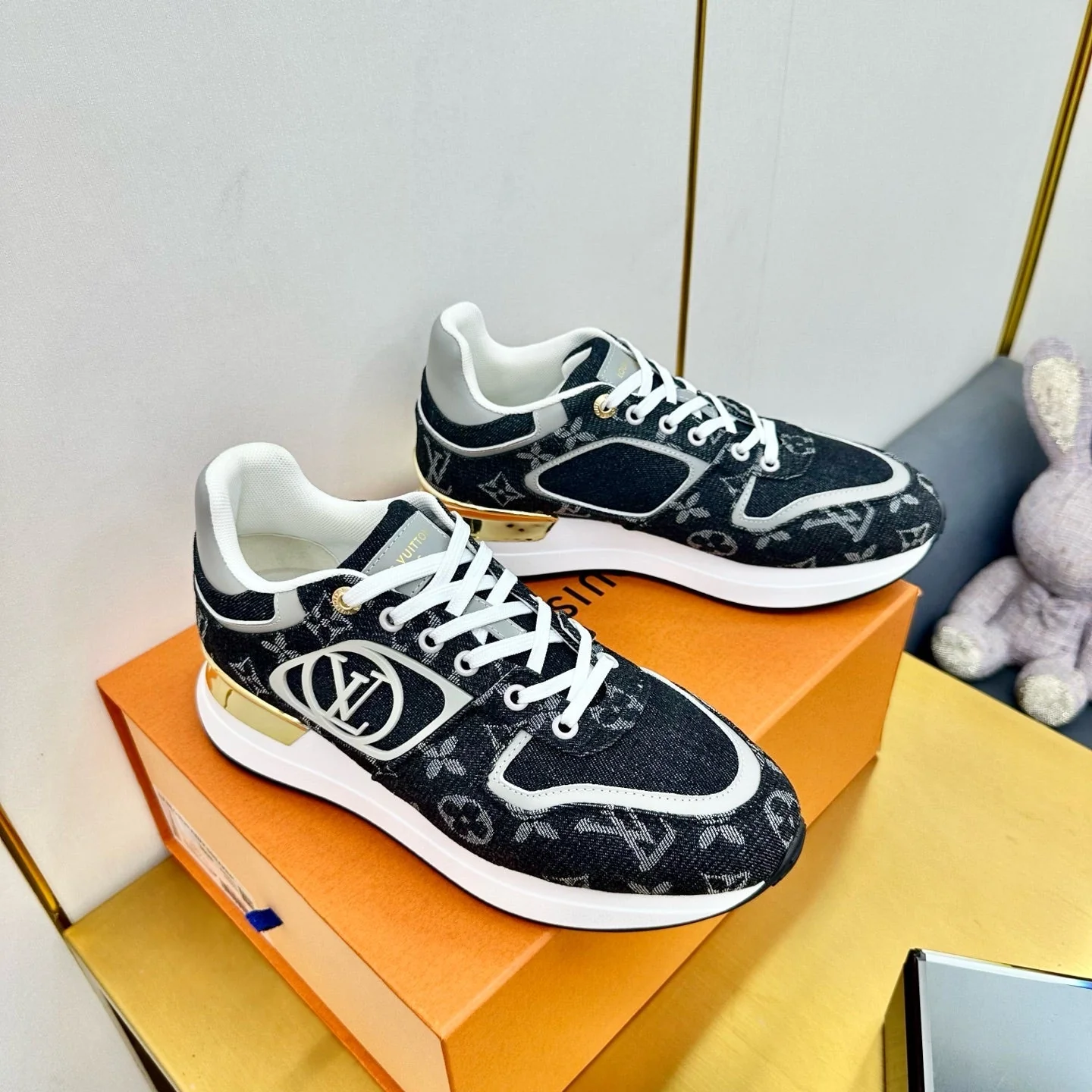 NEO RUN AWAY SNEAKER IN BLACK MONOGRAM DENIM FABRIC