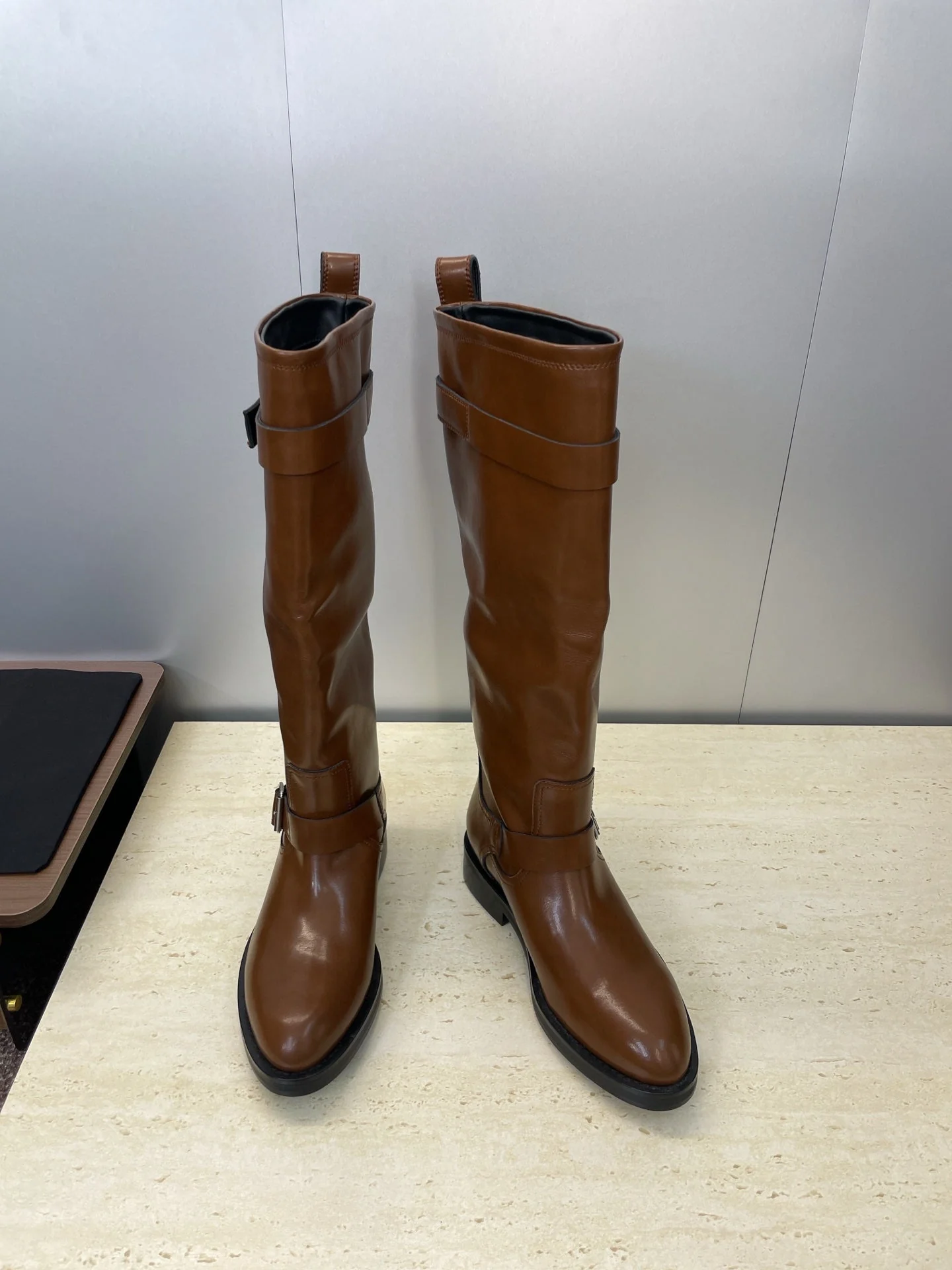 YSL 25S KNEE-HIGH BOOTS 30 MM IN BROWN LAMBSKIN WITH SILVER HARDWARE