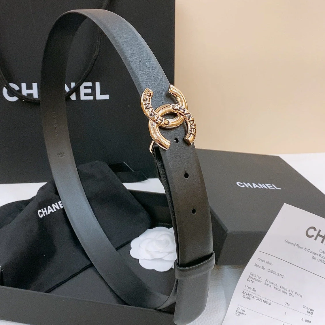 DOUBLE C BELT 30MM IN BLACK CALFSKIN GOLD BUCKLE EMBOSSED LOGO