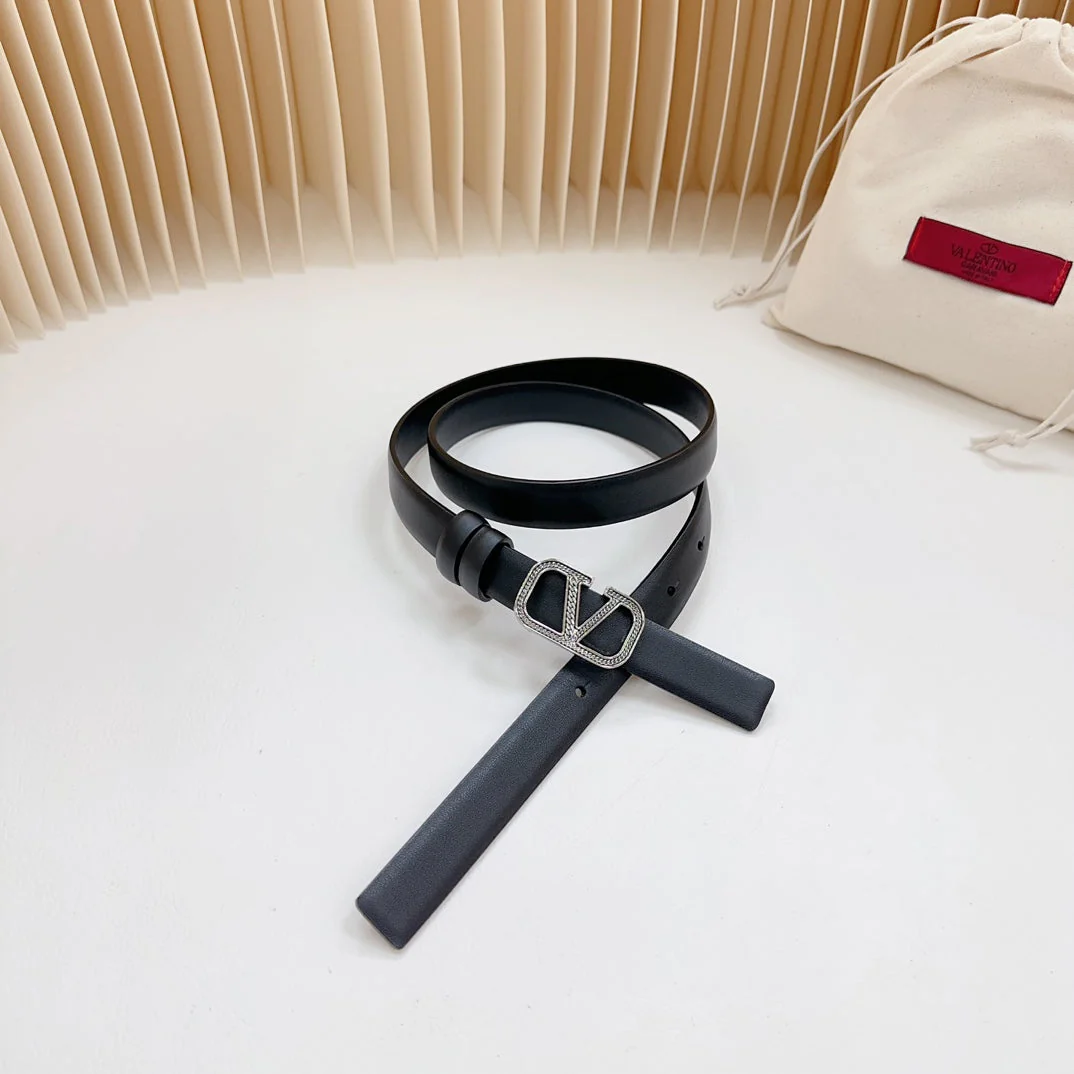 Vlogo Buckle Water Wave Silver Copper Glossy Black Leather 20mm Belt