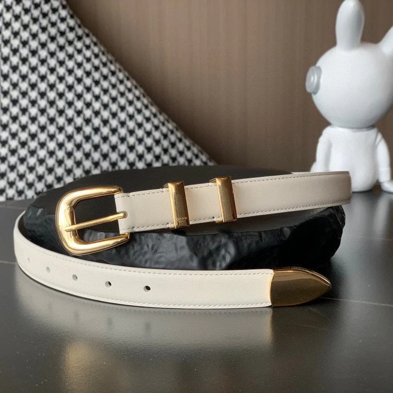 BELT 25MM MEDIUM WESTERN IN IVORY CALFSKIN GOLD BUCKLE