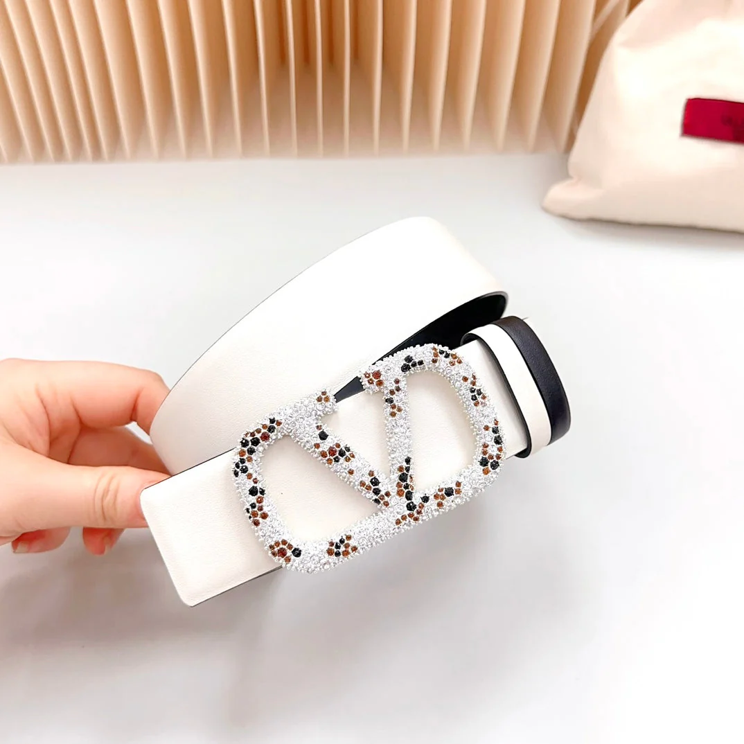 Vlogo Brown Black White Stone Silver Buckle Belt 40mm Black White Leather