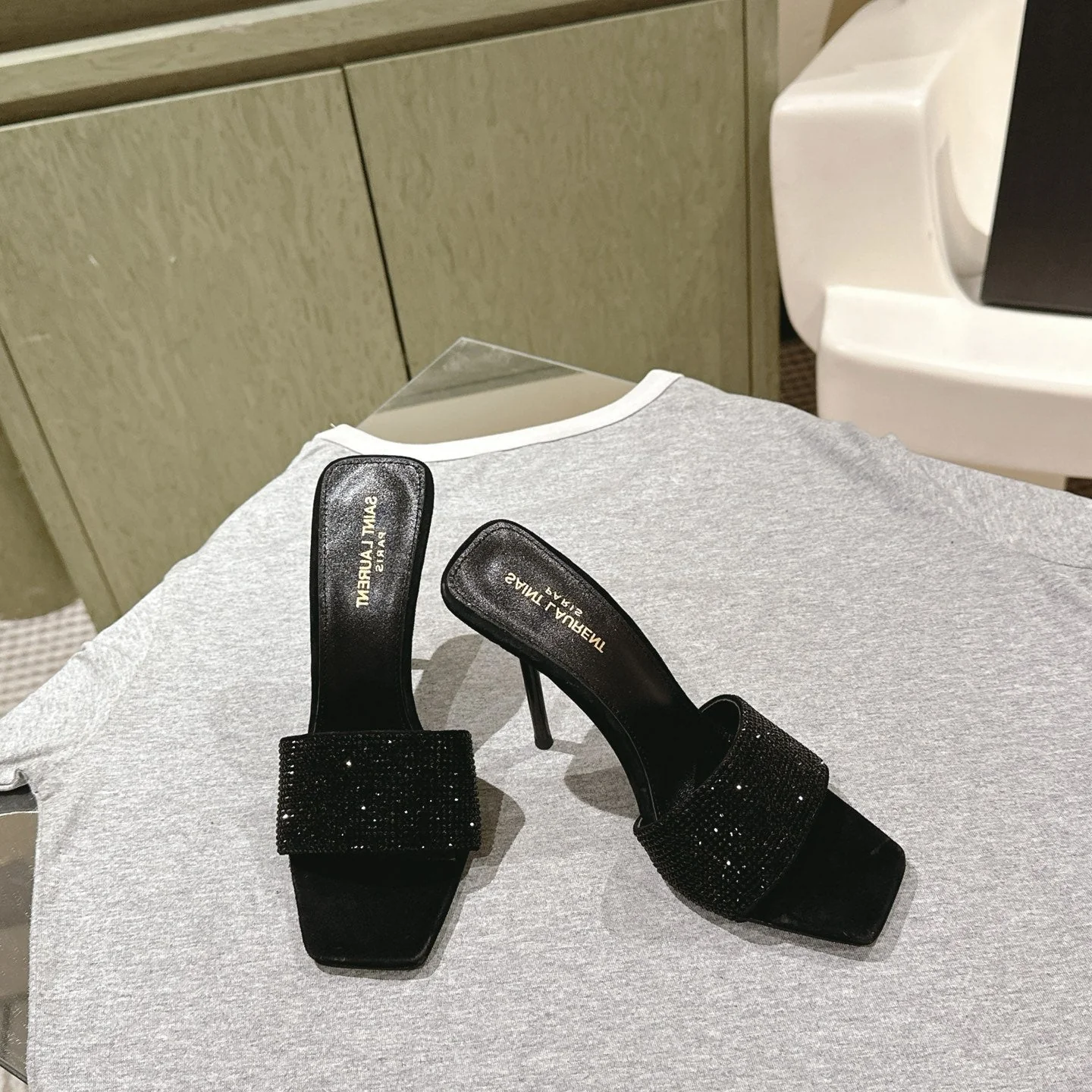 YSL 25S HEELED SANDALS 100 MM IN BLACK LAMBSKIN WITH RHINESTONE-EMBELLISHED STRAP