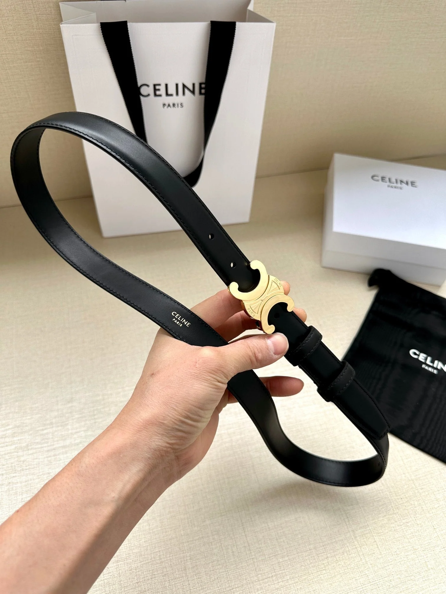 Medium Triomphe Belt 25mm Black Calfskin Ghw