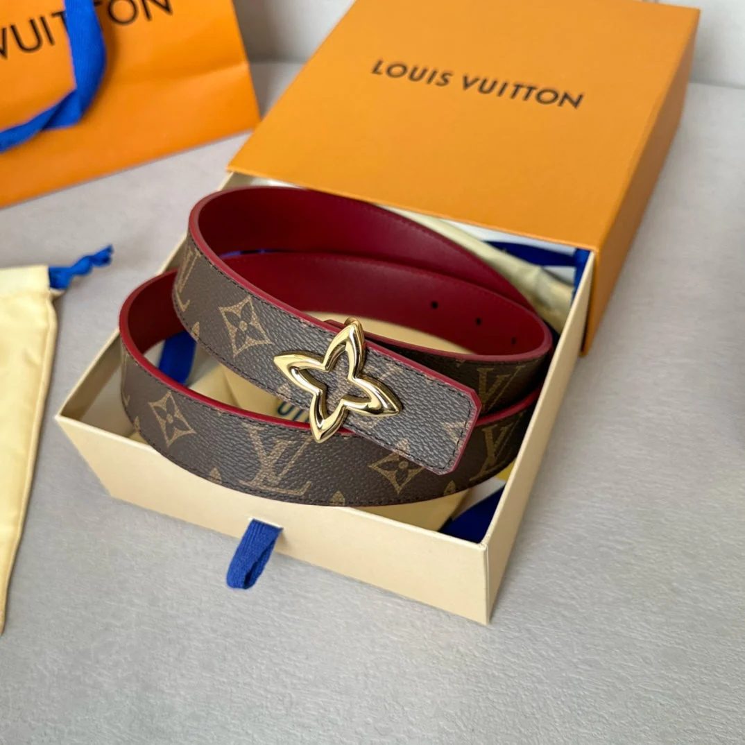 LV Flowergram 30mm Reversible Belt Gold Buckle Burgundy Brown Leather