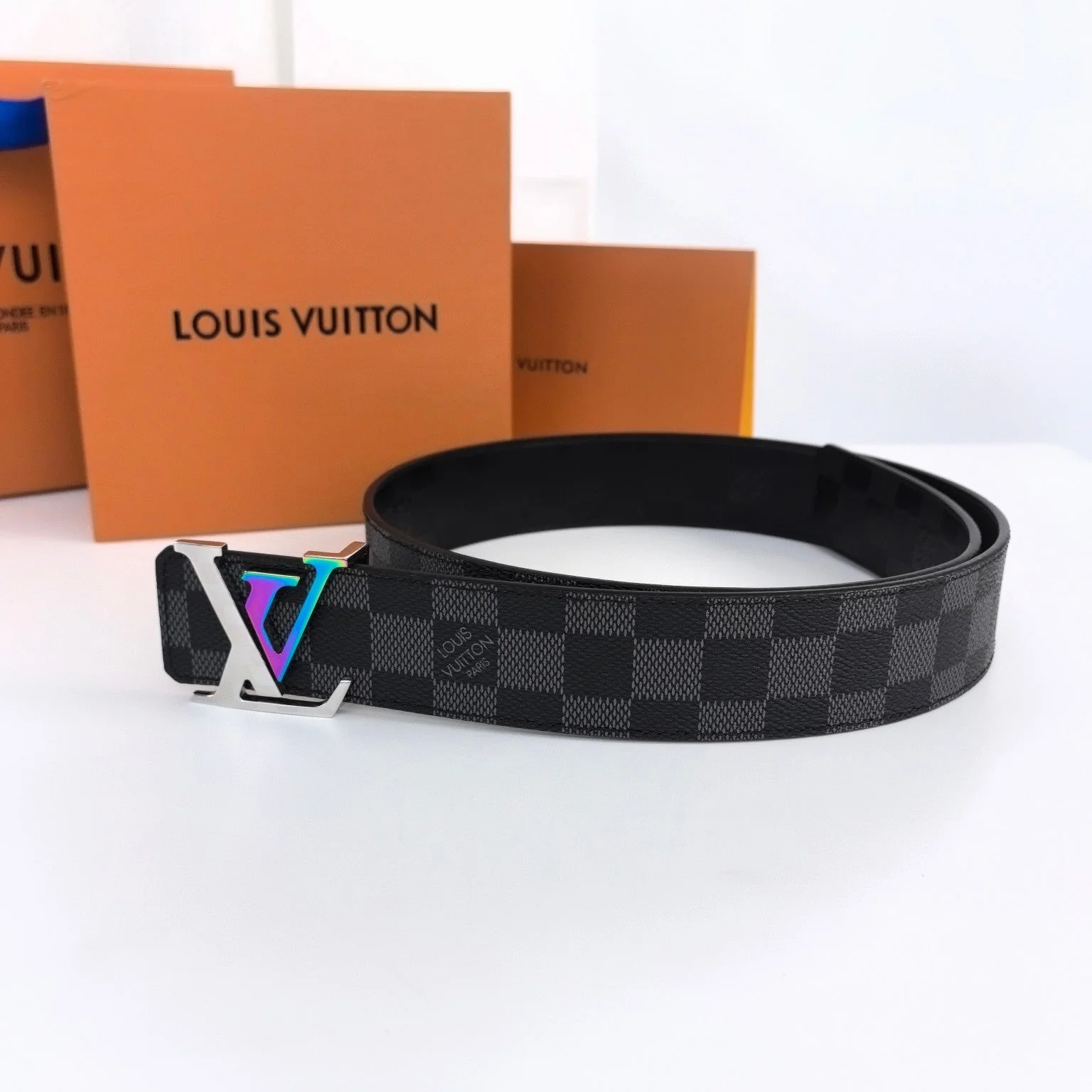 LV LARGE 40MM PYRAMIDE BELT BLACK DAMIER MONOGRAM CALFSKIN METAL HARDWARE