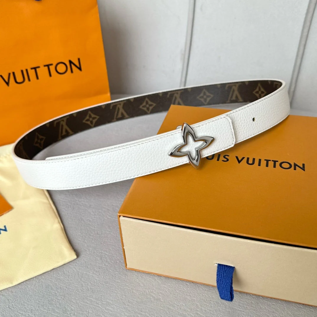 LV Flowergram 30mm Reversible Belt Silver Buckle White Brown Leather