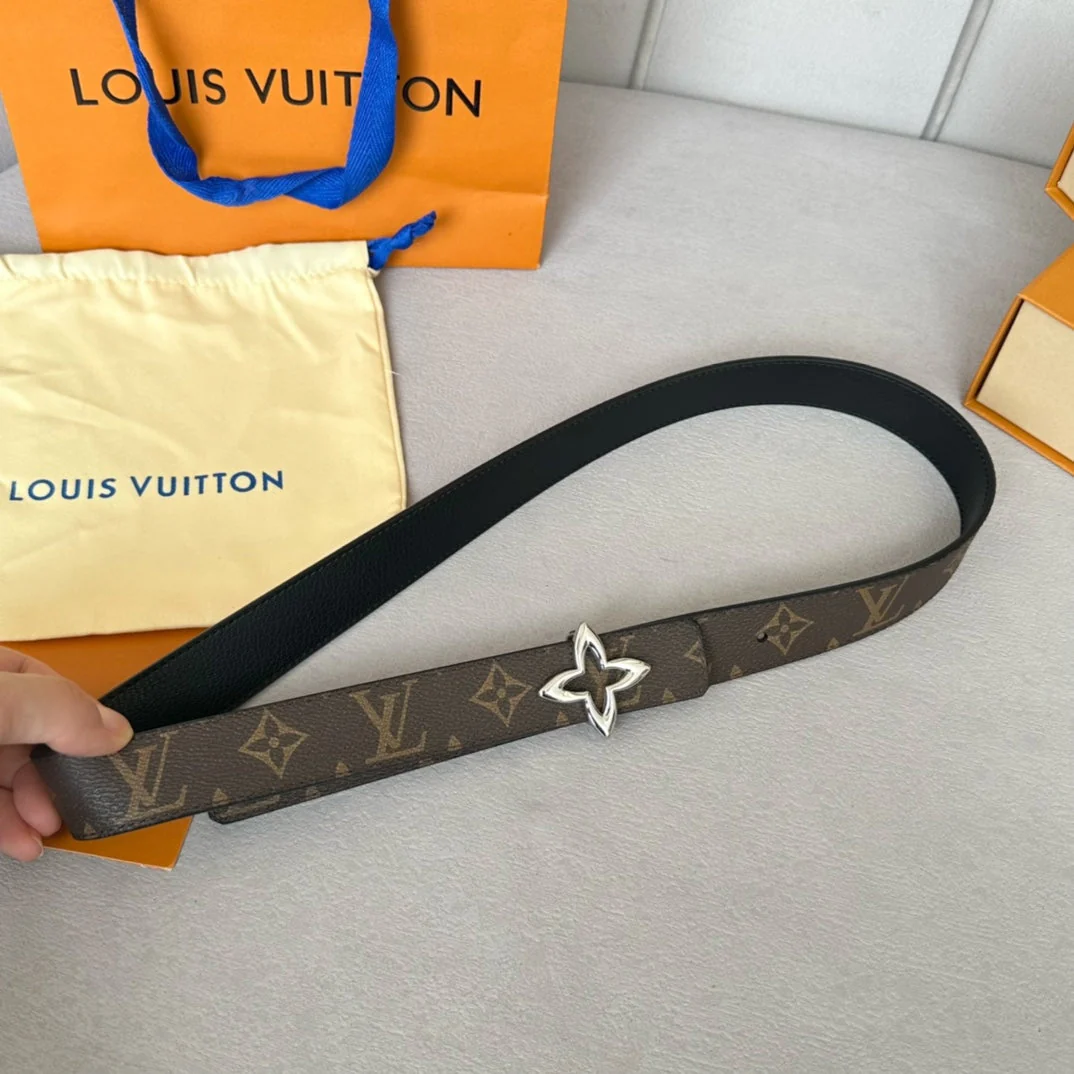 LV  MINI FLOWERGRAM 30MM REVERSIBLE BELT IN BLACK CALFSKIN SILVER HARDWARE