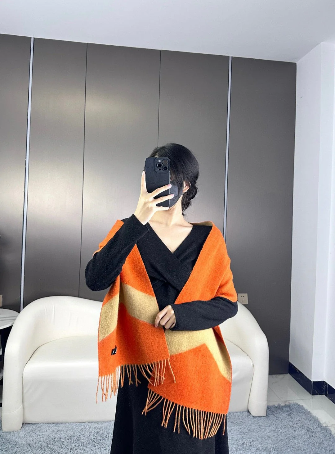 SCARF 190 CM IN RUST ORANGE MIX LIGHT YELLOW CASHMERE 370396