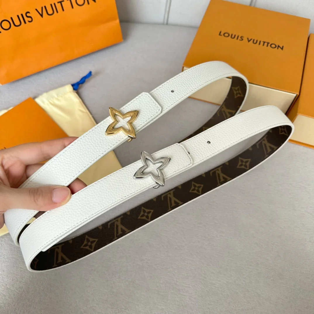 LV Flowergram 30mm Reversible Belt Silver Buckle White Brown Leather