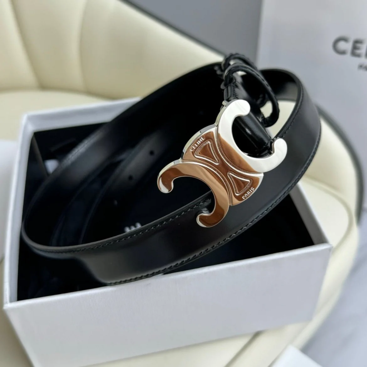 MEDIUM TRIOMPHE BELT 25MM BLACK LEATHER SILVER HARDWARE