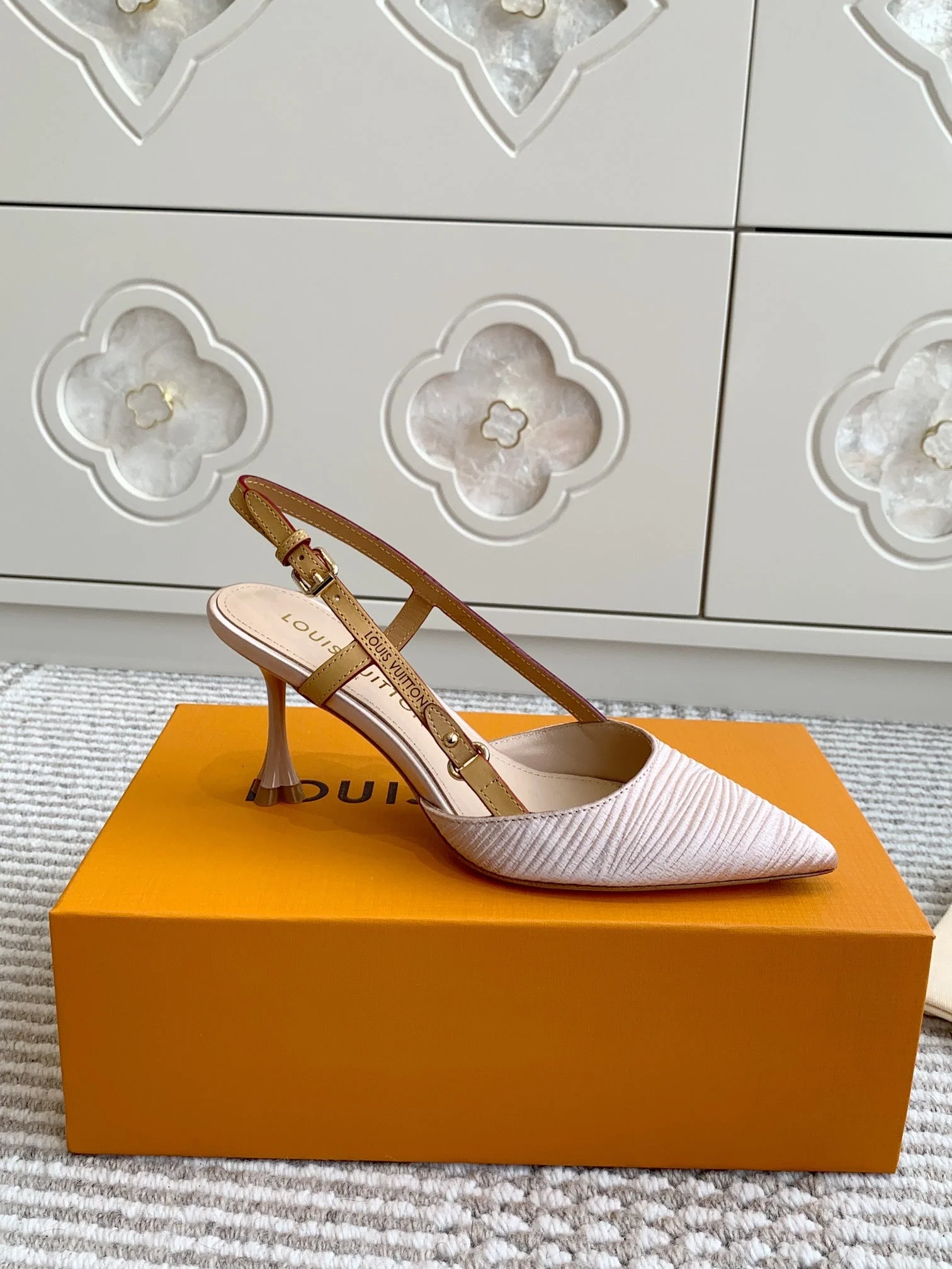 BLOSSOM SLINGBACKS 75 MM IN LIGHT PINK IMPORTED STRIPED SILK SATIN