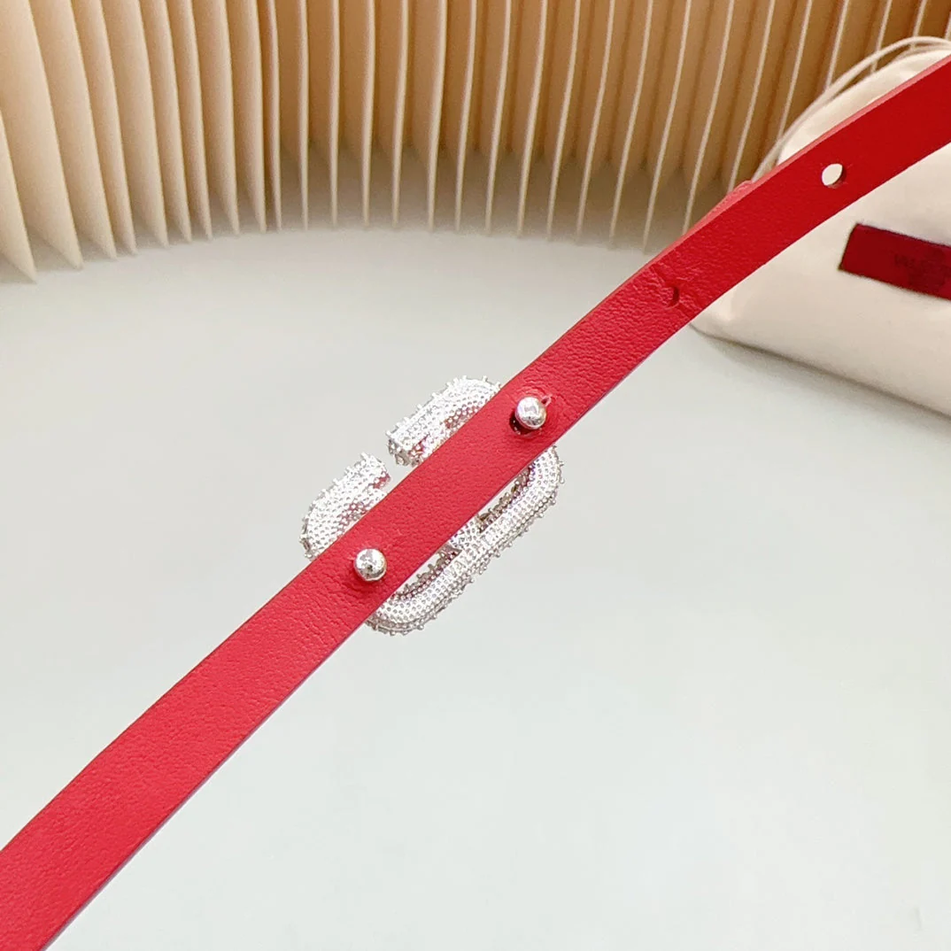 VL Belt 8mm Buckle Silver Diamond Leather Red