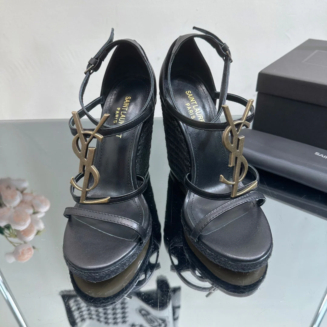 SL CASSANDRA WEDGE ESPADRILLES BLACK CALFSKIN