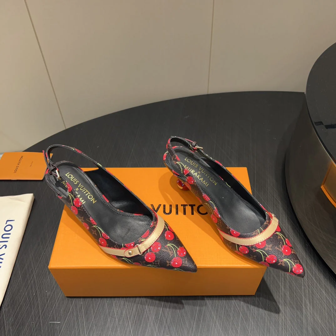 LV HIGH SLINGBACK LOGO AND CHERRY PRINT 25S 55MM IN DARK BROWN CALFSKIN