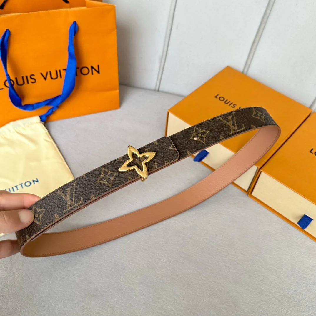 LV Flowergram 30mm Reversible Belt Gold Buckle Beige Brown Leather