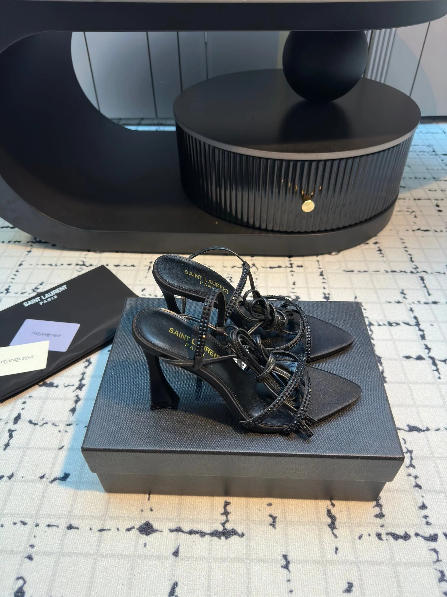 HIGH HEEL SANDALS WITH SHINY RHINESTONES STRAP IN BLACK SILK