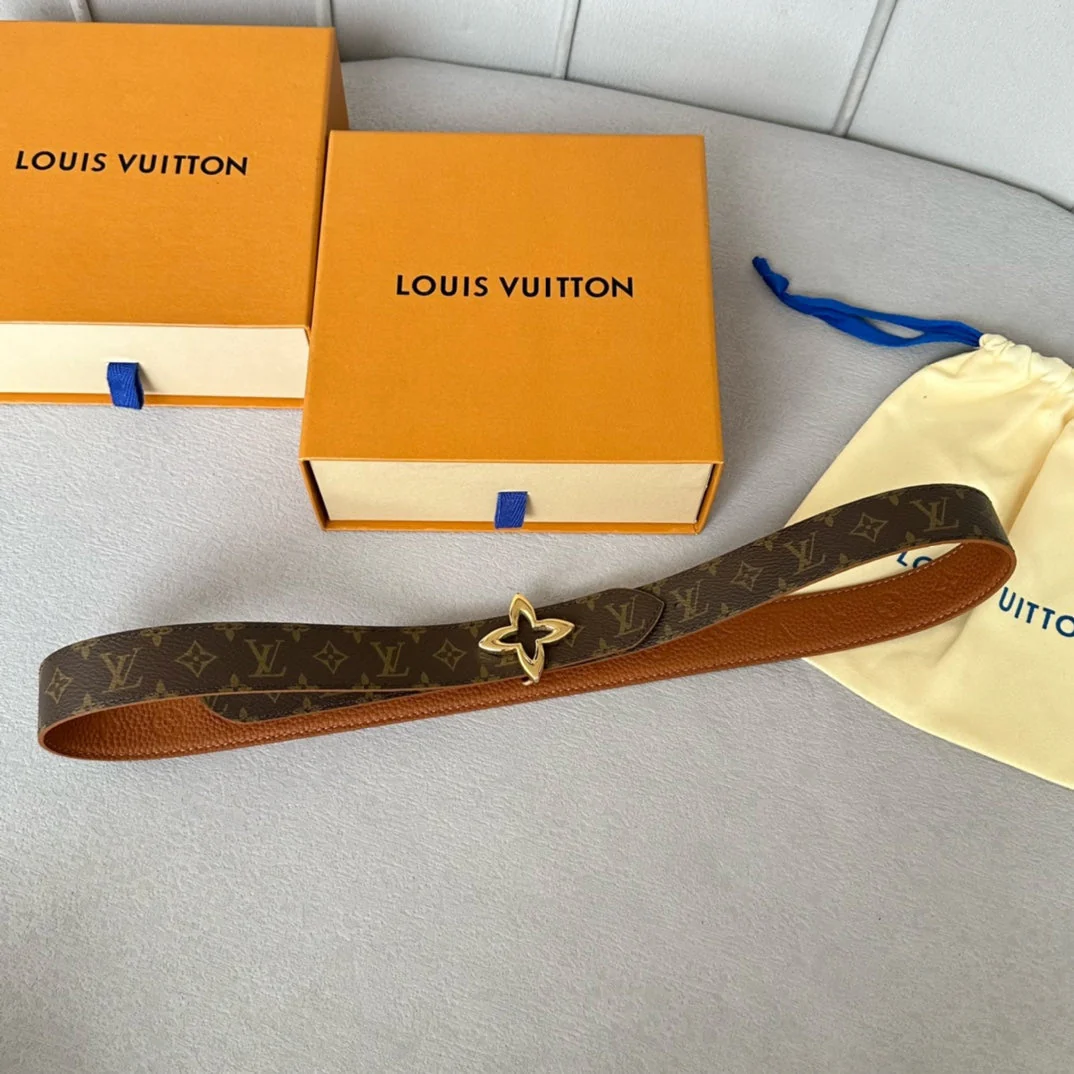 LV  MINI FLOWERGRAM 30MM REVERSIBLE BELT IN BRONZE BROWN EMBOSSED CALFSKIN GOLD HARDWARE