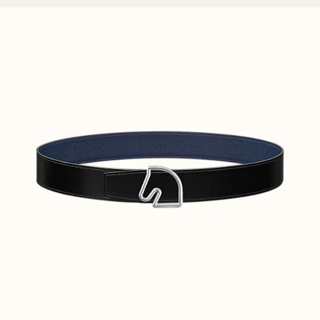 BOUCLE BELT BUCKLE & REVERSIBLE NAVY BLUE AND BLACK AND WHITE LEATHER STRAP 38MM SILVER HARDWARE